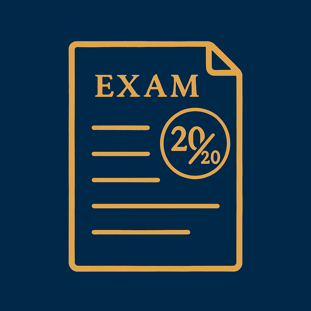 Copie d'examen stylisée avec une note maximale de 20/20 illustrant la réussite de nos élèves